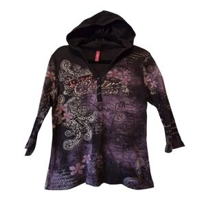 Vintage 90s Y2K Gitano Hoodie Shirt Womens MED Black Purple USA Grunge Goth